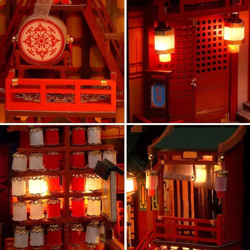 DIY Book Nook Kit Tang Dynasty Festival Alley Chinese Alley DIY Bookend Diorama Scenery Bookshelf Decor