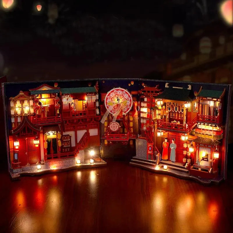DIY Book Nook Kit Tang Dynasty Festival Alley Chinese Alley DIY Bookend Diorama Scenery Bookshelf Decor
