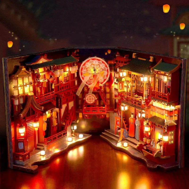 DIY Book Nook Kit Tang Dynasty Festival Alley Chinese Alley DIY Bookend Diorama Scenery Bookshelf Decor