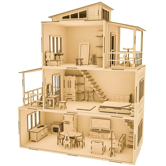 Three Floor Wooden Dollhouse DIY Miniature Dollhouse Kit 3D Wooden Puzzles Three Story Large Dollhouse - Rajbharti Crafts