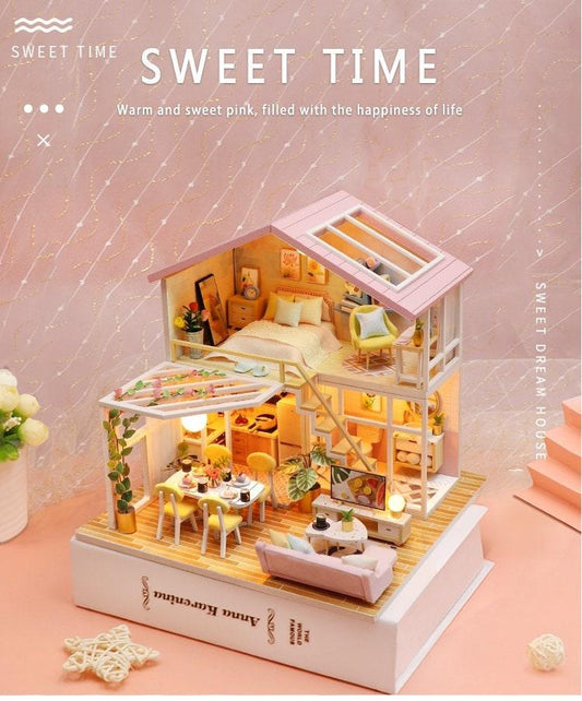 Pink Girl Duplex Sweet Time Home Miniature Dollhouse Kit Do It Yourself Kid Toys Adult Craft Best Birthday Gift - Rajbharti Crafts