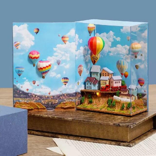 Hot Air Balloon Book Nook Book Scenery - DIY Doll House Book Shelf Insert - Bookcase with Light Miniature Building Kit - Rajbharti Crafts