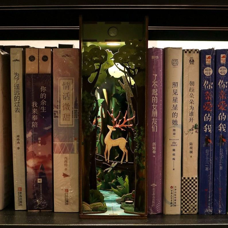 DIY Book Nook - Deer In Forest Book Nook Kit - DIY Doll House - Book Shelf Insert - Book Scenery - Bookcase with Light Model Building Kit - Rajbharti Crafts