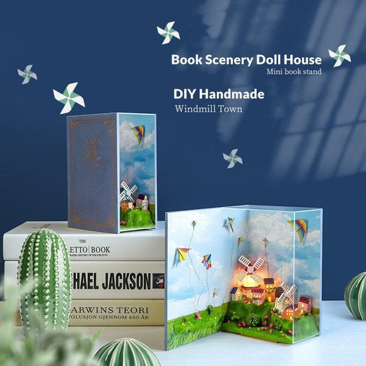 Town of Windmill Book Nook - Book Scenery - DIY Doll House Book Shelf Insert - DIY Book Stand - Bookcase with Light Miniature Building Kit - Rajbharti Crafts