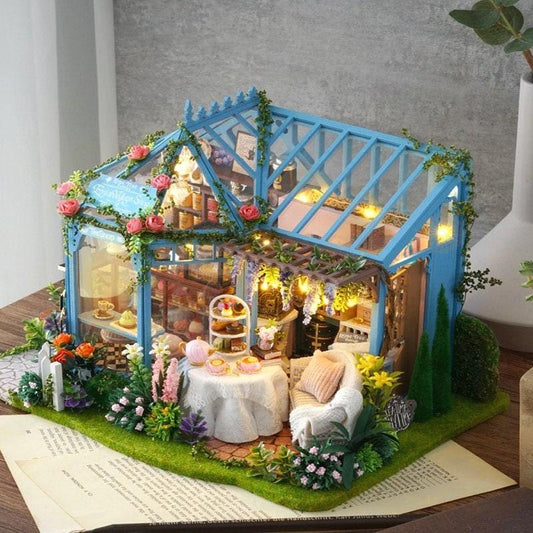 DIY Dollhouse Kit Roze Garden Green Tea Cafe Miniature Plant Studio Coffee Shop Miniature Kit with Free Dust Cover Adult Craft DIY Kits - Rajbharti Crafts