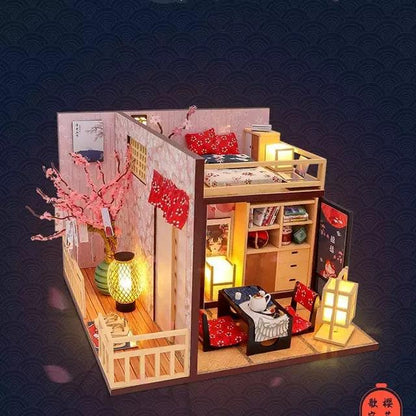 DIY Dollhouse Kit Japanese Style Cherry Blossom Miniature House Japanese Villa Miniature Dollhouse Kit With Dust Cover Adult Craft DIY Kits - Rajbharti Crafts