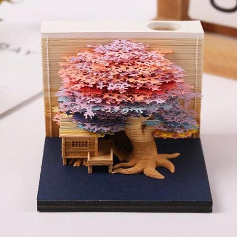 Tree Cottage Miniature Model Building 3D Note Pad - Creative Memo Pad - Omoshiroi Block - DIY Paper Craft - Stationery Toys With LED - Gifts - Rajbharti Crafts