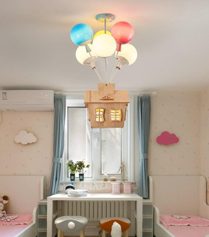 Kids Room Decor - Chandelier Pendant Ceiling Lights - Balloon Chandelier Lamp With Wooden Miniature Dollhouse - Kids Room Air Balloon House - Rajbharti Crafts