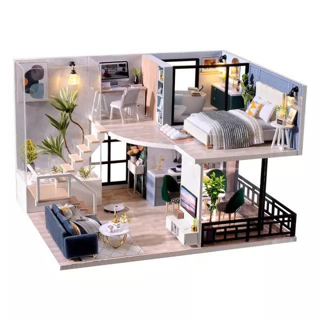 DIY Dollhouse Kit - Modern Living Room Miniature Doll House Kit - Duplex Apartment Doll House Kit - Birthday, Christmas Gift Adult Craft - Rajbharti Crafts