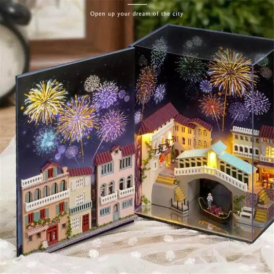 Venice Bridge Book Nook Book Scenery - DIY Doll House Book Shelf Insert - Bookcase with Light Miniature Building Kit - Rajbharti Crafts