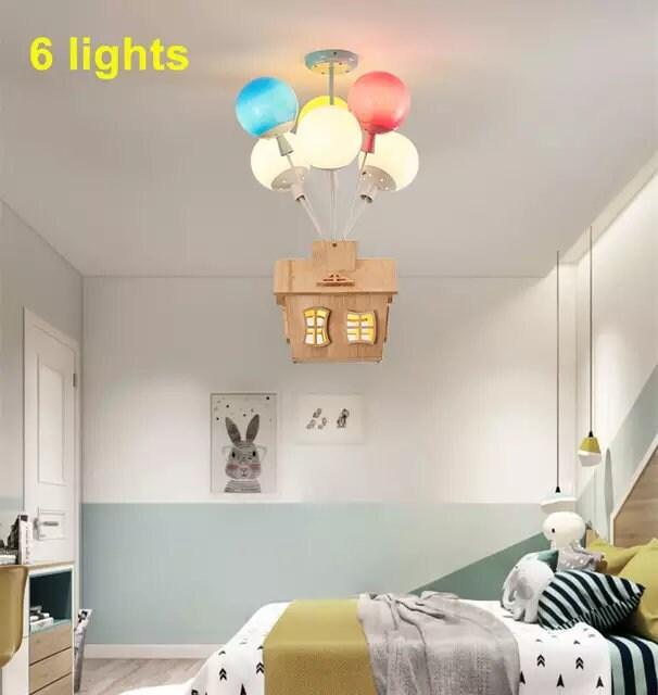 Kids Room Decor - Chandelier Pendant Ceiling Lights - Balloon Chandelier Lamp With Wooden Miniature Dollhouse - Kids Room Air Balloon House - Rajbharti Crafts