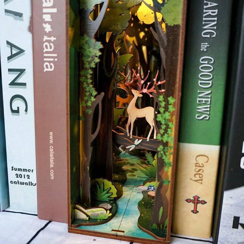 DIY Book Nook - Deer In Forest Book Nook Kit - DIY Doll House - Book Shelf Insert - Book Scenery - Bookcase with Light Model Building Kit - Rajbharti Crafts