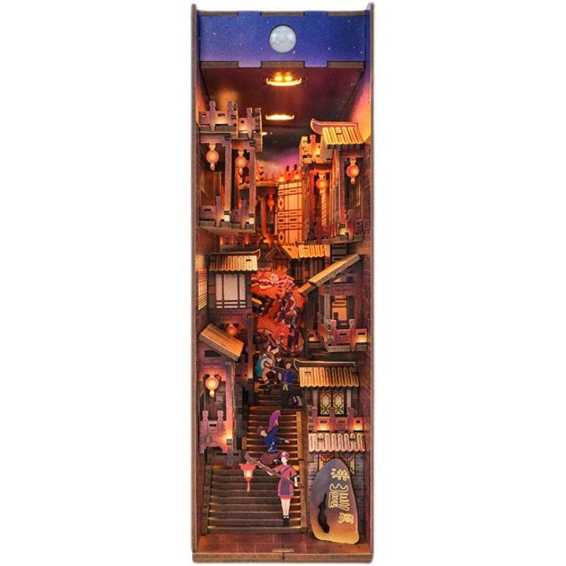 Chinese Alley Book Nook - Chongqing Town Book Nook - Ancient Capital Book Shelf Insert - Book Scenery - Bookcase with LED Model Building Kit - Rajbharti Crafts