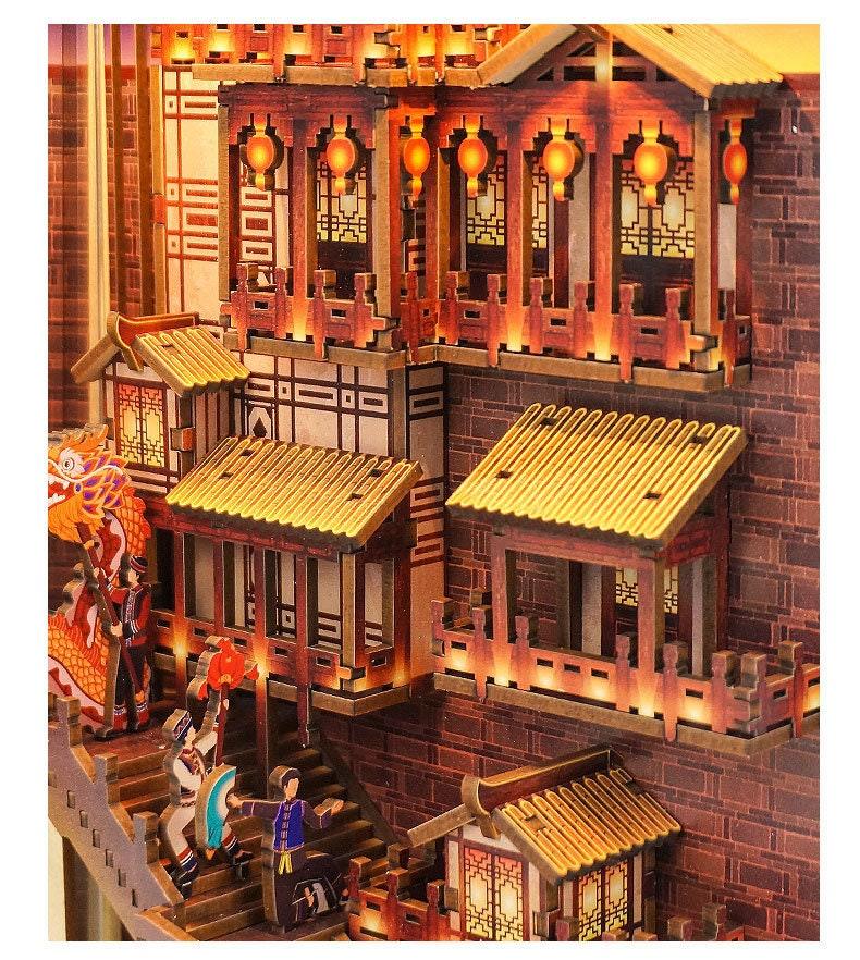 Chinese Alley Book Nook - Chongqing Town Book Nook - Ancient Capital Book Shelf Insert - Book Scenery - Bookcase with LED Model Building Kit - Rajbharti Crafts
