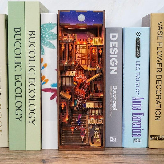 Chinese Alley Book Nook - Chongqing Town Book Nook - Ancient Capital Book Shelf Insert - Book Scenery - Bookcase with LED Model Building Kit - Rajbharti Crafts
