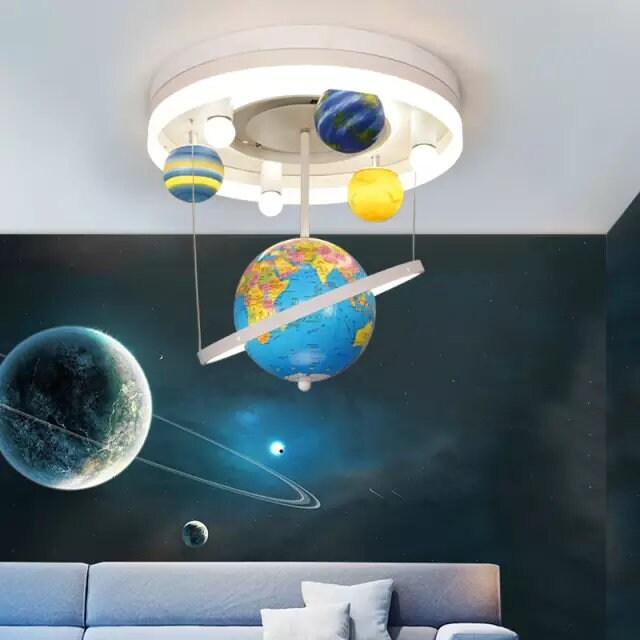 Kids Room Decor - Chandelier Pendant Ceiling Lights - Solar System Chandelier Lamp With Earth Globe - Kids Room Space Theme Decor Ceiling - Rajbharti Crafts