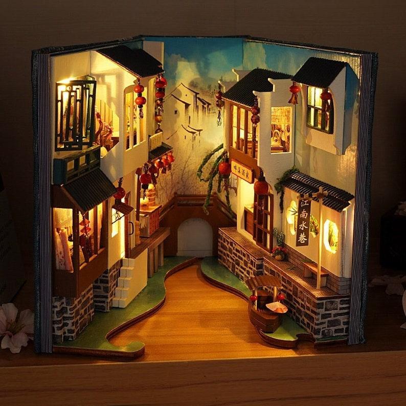 Jiangsu Watertown Book Nook - DIY Book Nook - Chinese Alley Book Scenery - Book Shelf Insert - Bookcase with Light Miniature Building Kit - Rajbharti Crafts