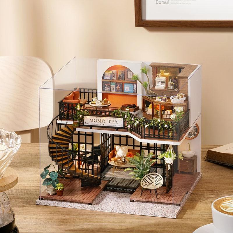 DIY Dollhouse Kit - Momo Tea Shop - Dollhouse Cafe Miniature Coffee Shop Dollhouse Miniature Coffee Shop Kit Christmas Gift - Rajbharti Crafts