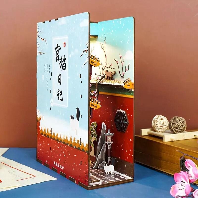 Cats Diary Book Nook - DIY Book Nook Kits Book Doll House Book Shelf Insert Book Scenery Bookends Bookcase with Light Model Building Kit - Rajbharti Crafts