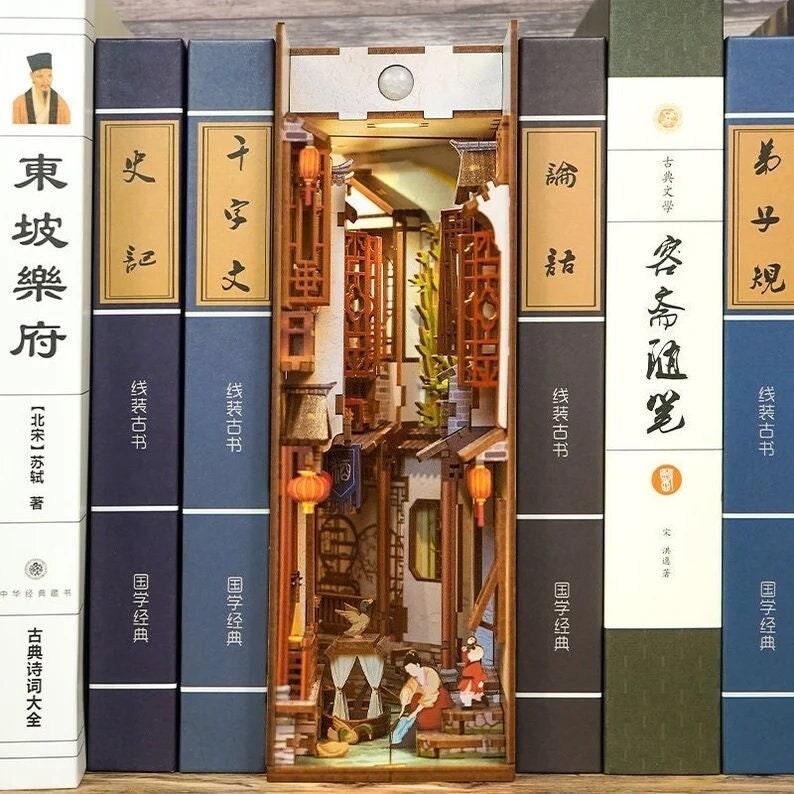 Jiangsu Watertown Book Nook DIY Book Nook Kits Book Doll House Book Shelf Insert Book Scenery Bookend Bookcase with Light Model Building Kit - Rajbharti Crafts