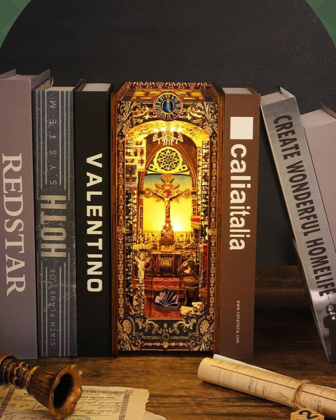 The Cathedral Book Nook - DIY Book Nook Kits Church Book Shelf Insert Book Scenery Bookends Bookcase with Light Model Building Kit - Rajbharti Crafts