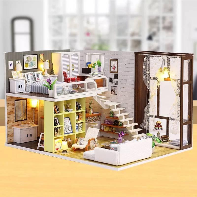 Miniature Dollhouse - DIY Dollhouse Kit - Contracted City Apartment Dollhouse Modern Style Living Room Duplex Miniature Kit Adult Crafts Kit - Rajbharti Crafts
