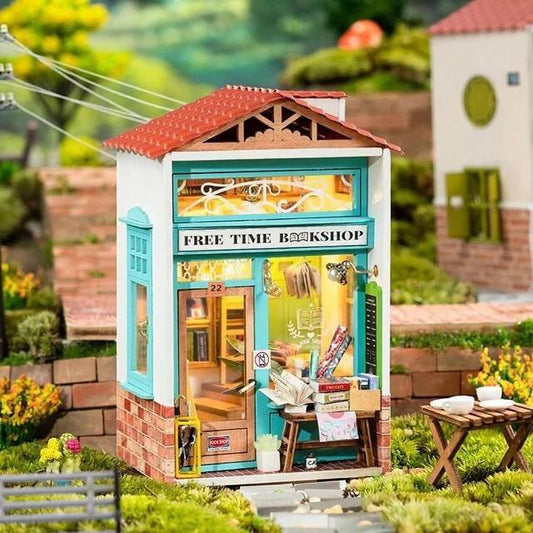 Free Time Bookshop Miniature Dollhouse Bookstore DIY Dollhouse Kits Library Miniature Easy To Assemble Dollhouse For Kids & Adults - Rajbharti Crafts