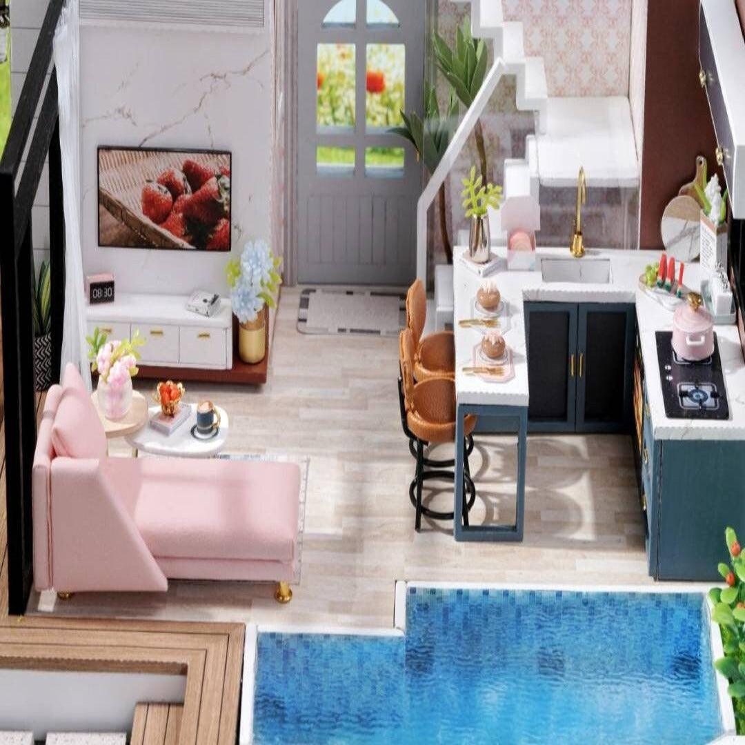 DIY Dollhouse Kit Duplex Bungalow Miniature With Swimming Pool Two