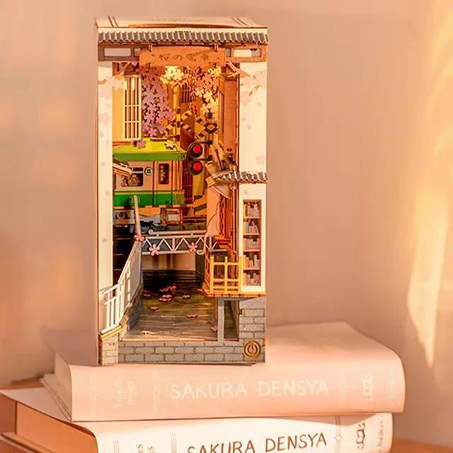 DIY Book Nook Kits - Sakura Densya Book Nooks - Train Book Nook DIY Book Shelf Insert Decorative Bookends Bookcase with LED Building Kit - Rajbharti Crafts