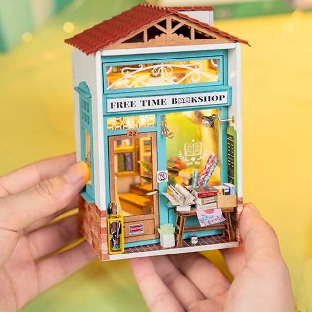 Free Time Bookshop Miniature Dollhouse Bookstore DIY Dollhouse Kits Library Miniature Easy To Assemble Dollhouse For Kids & Adults - Rajbharti Crafts